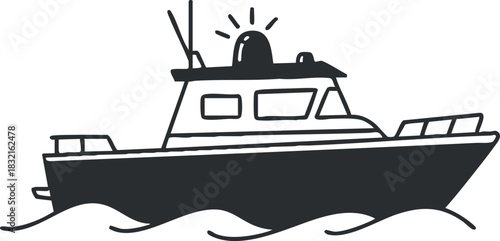 A boat with a cabin and antenna in simple outline vector style, suitable for maritime themes and nautical designs