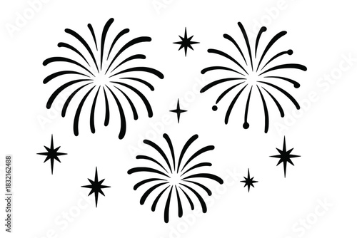 Minimalist black and white stylized fireworks explosions and sparkling stars