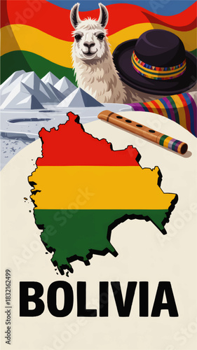 Bolivia cultural illustration with llama, Andean mountains, national flag map, traditional hat and flute, colorful Latin America travel art