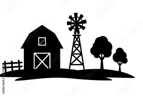 Rural farm landscape silhouette with traditional barn and classic agricultural windmill