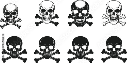 Skull and Crossbones Silhouettes in Light and Dark Styles, Pirate Symbol, Danger Icon, Facial Variations, Halloween, Contrast, Gothic, Poison, Design