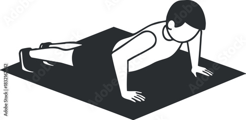 A person performing a push-up exercise in black and white minimalist vector style, suitable for fitness and health-related projects