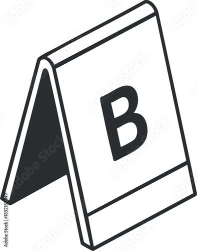 A tabletop sign displaying the letter 'B' in black and white outline vector style, ideal for event signage or educational use