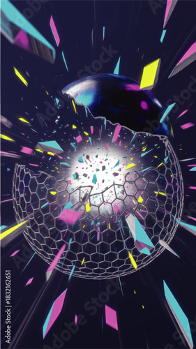 Futuristic digital explosion of shattered sphere and hexagon grid in deep space with neon blue pink yellow glowing fragments