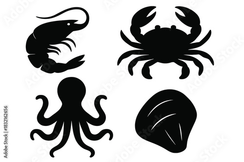Collection of minimalist black silhouettes featuring popular marine animals and shellfish