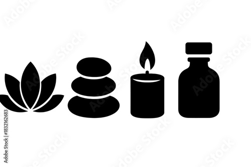 Minimalist black silhouette symbols for spa and wellness: lotus, stones, candle, and oil bottle