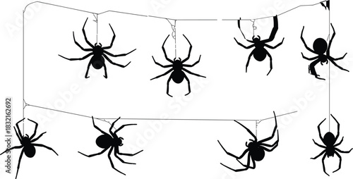 Spider Silhouettes Hanging from Threads, Zigzag Line Arrangement, Black Insects, Halloween Theme, Stylized Poses, Creepy Design, Minimalist Art, Entomology Concept