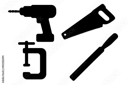 Essential construction and carpentry tools silhouettes including drill, handsaw, clamp, and chisel