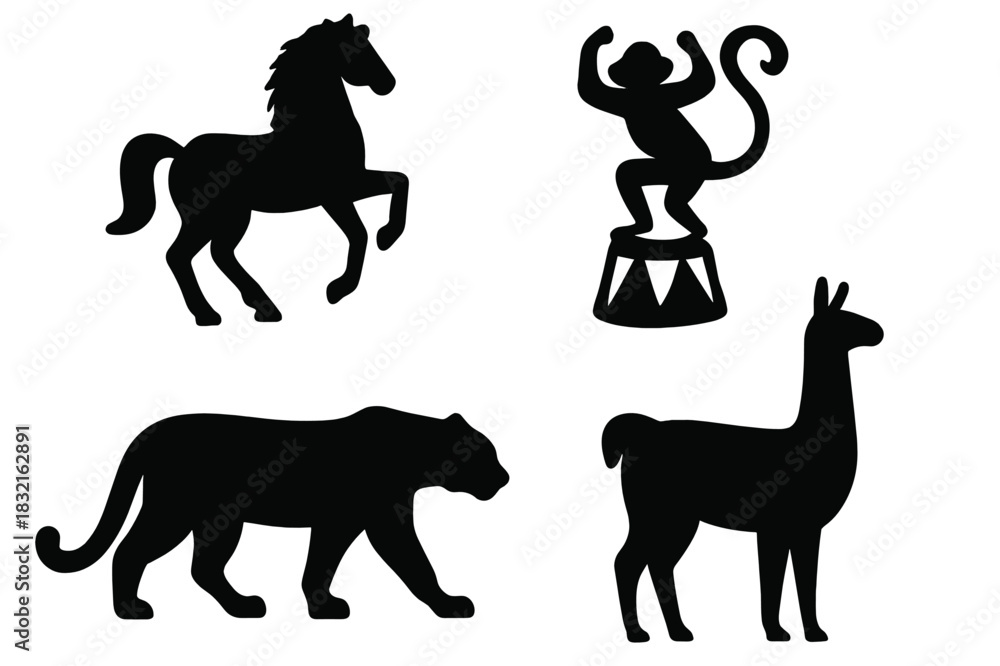 Obraz premium Black animal silhouettes collection featuring horse, monkey, large cat, and llama