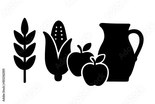 Traditional harvest symbols featuring grain, corn, apples, and a rustic pitcher silhouette