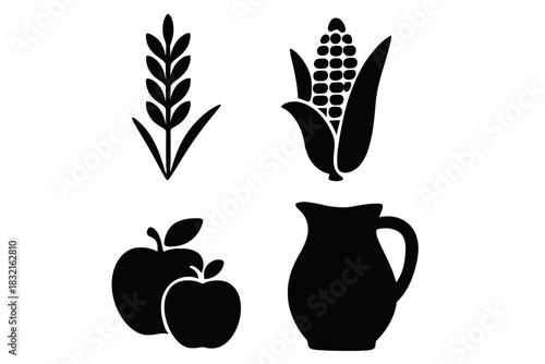 Simple black silhouettes of agricultural products and a pitcher for beverages or milk
