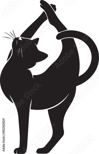 Black cat silhouette performing a graceful yoga pose on a white background