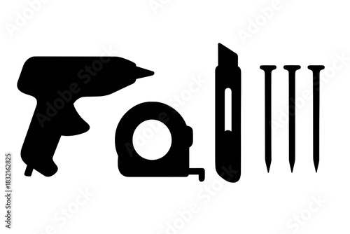 Essential construction and DIY tools including glue gun, measuring tape, utility knife, and nails