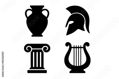 Set of black silhouettes depicting ancient Greek culture and history elements