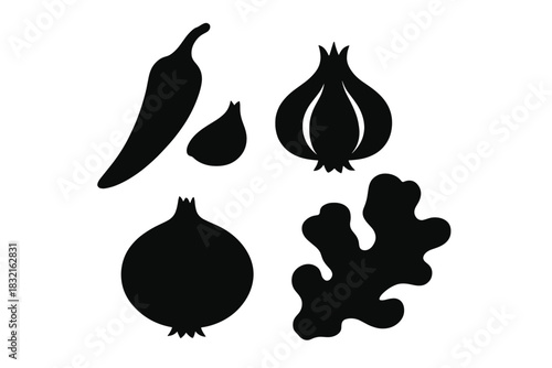 Black silhouettes of essential cooking spices chili garlic onion ginger root