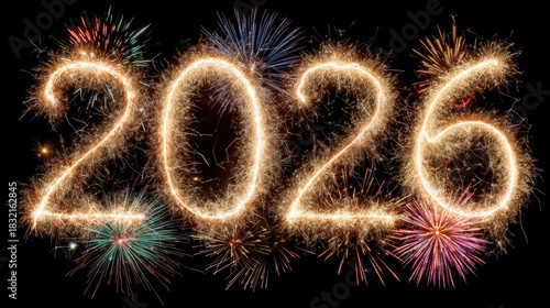 2026 sparkler numbers with colorful fireworks display celebrating new year eve festivities on black background