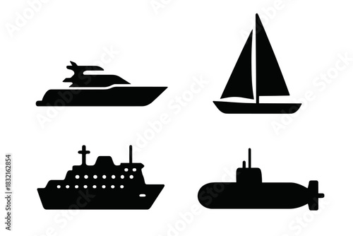 Black silhouette icons of water transport vessels including yacht, sailboat, passenger ship, and submarine