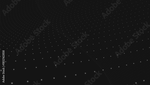 An abstract black and white dynamic wave. Streams of bright dots form smooth waves against a dark background. The radiating light creates a sense of depth and elegance. Futuristic 3D dot wave.