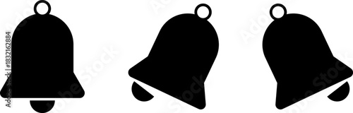 Three black silhouettes of a bell from different angles