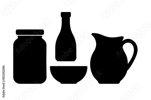 Collection of kitchen containers including a glass jar, beverage bottle, serving bowl, and liquid pitcher silhouette icons