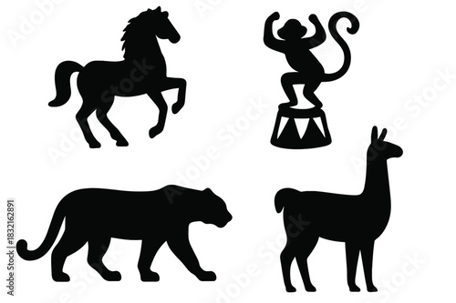 Black animal silhouettes collection featuring horse, monkey, large cat, and llama