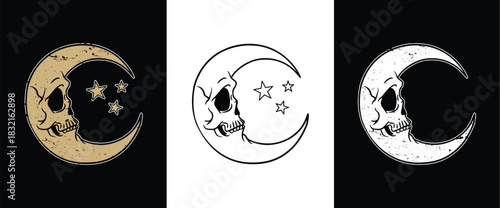 Skull crescent moon vector design with stars grunge texture halloween mystic esoteric symbol