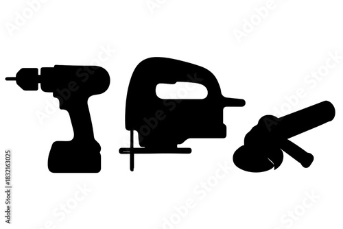 Black silhouettes of essential power tools: drill, jigsaw, and angle grinder