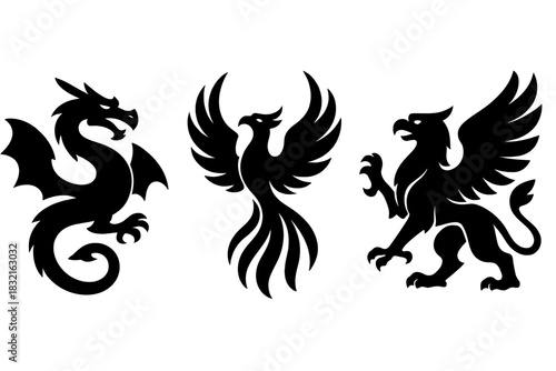 Silhouettes of three mythical creatures: powerful dragon, majestic phoenix, and fierce griffin