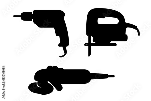 Essential power tools silhouettes including drill, jigsaw, and angle grinder for construction