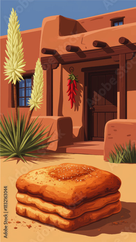 Southwest adobe house with desert bread and chili ristras, rustic New Mexico courtyard illustration under clear blue sky