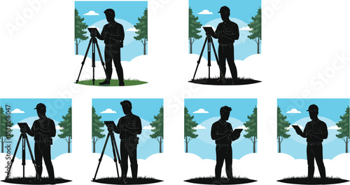 Surveyors Using Tripod Equipment in Nature, Black Silhouette Scene, Theodolite, Total Station, Trees, Clouds, Outdoor Measurement, Geospatial Work, Field Gear, Precision