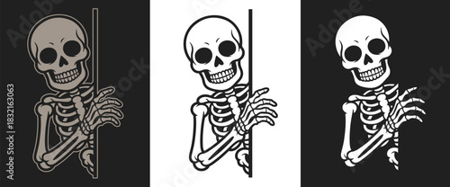 Skeleton looking around the corner vector illustration Halloween spooky creepy design