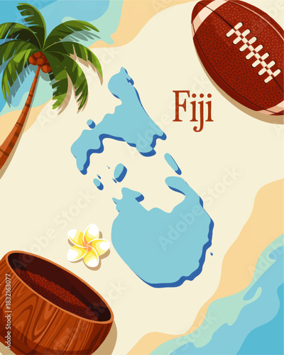 Tropical Fiji island illustration with beach map, rugby ball, coconut bowl, palm tree and frangipani flower travel background