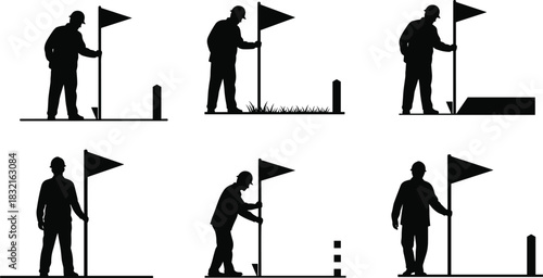 Surveyors with Flags and Ground Markers, Black Silhouette Construction Scene, Terrain Features, Site Assessment, Field Conditions, Planning, Helmet, Safety, Tools, Interaction