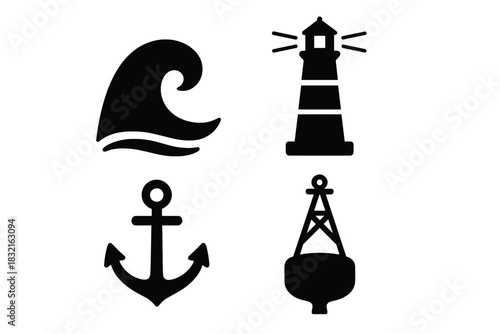 Set of nautical and maritime symbols: ocean wave, tall lighthouse, heavy ship anchor, and navigational buoy