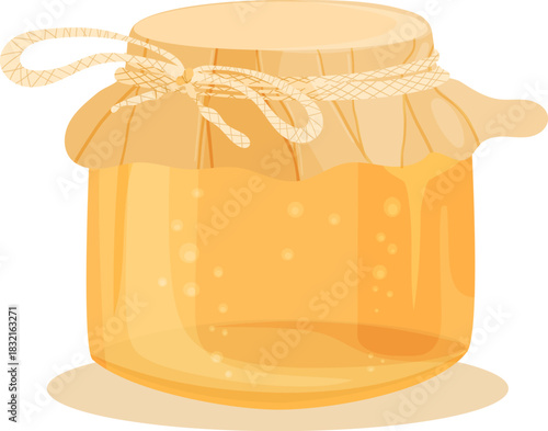 Vector illustration of jar filled with golden honey, covered with a rustic fabric lid and tied with a string. A cozy and sweet design perfect for packaging, kitchen decor, recipe blogs, labels.