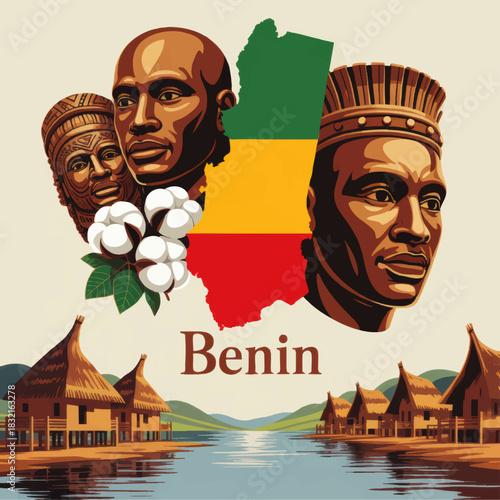 Benin cultural illustration with traditional African portraits, cotton plant, flag map and stilt village landscape travel art