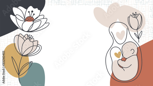 Mother's Day Celebration of New Life and Floral Beauty, a Tender Pregnancy Illustration with Blooming Flowers