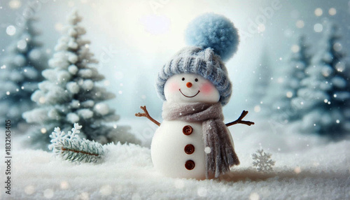 Smiling snowman with a pom-pom and scarf in a snowy forest where it's snowing lightly. AI-generated image in pale tones.