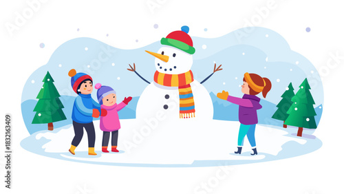 Children building a giant snowman in the school playground, wearing colorful scarves and mittens, soft snow falling gently, decorated with carrot nose, coal eyes, top hat, fun winter activity feel