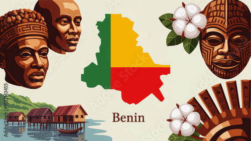 Benin culture vector illustration with map flag, African tribal masks, traditional village on water and cotton flowers
