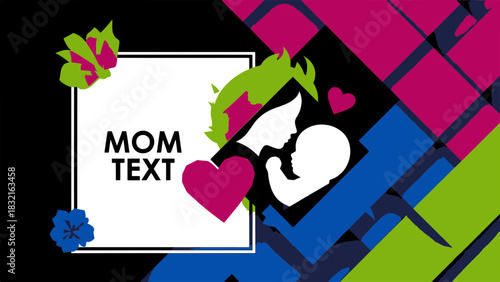 Happy Mother Day graphic with abstract patterns and mom and baby silhouette, celebrating motherhood and family love
