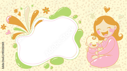 Happy Mother's Day illustration with a joyful mother holding her baby in a warm and loving embrace with a whimsical speech bubble for your message