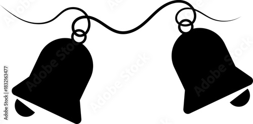 Two black silhouette christmas bells hanging on a wavy string