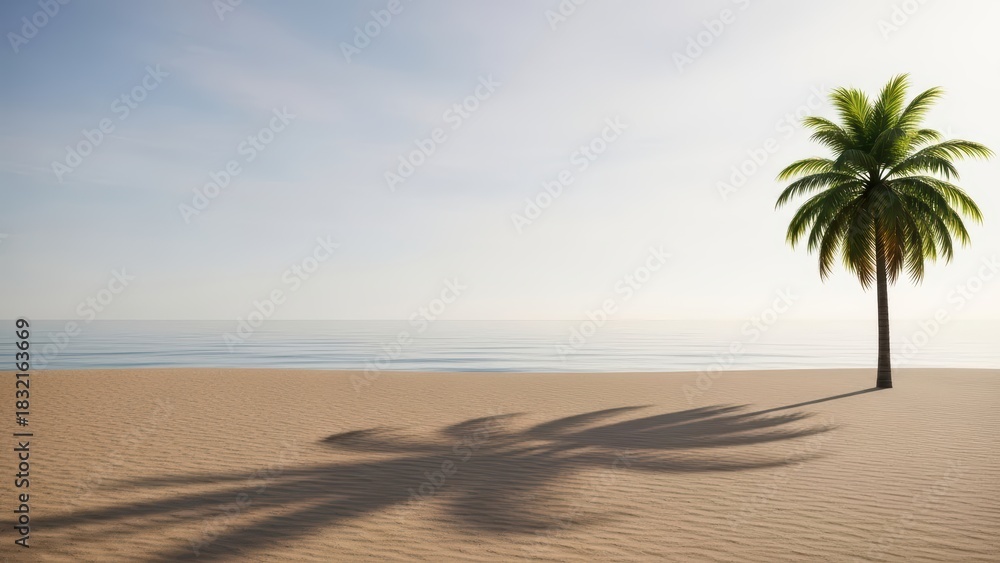 Fototapeta premium Solitary palm tree casting shadow on serene beach at sunrise