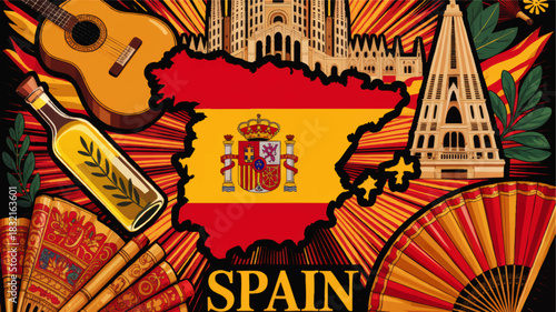 Colorful Spain travel illustration with flag map, architecture, flamenco fan, guitar and olive oil on vibrant sunburst background