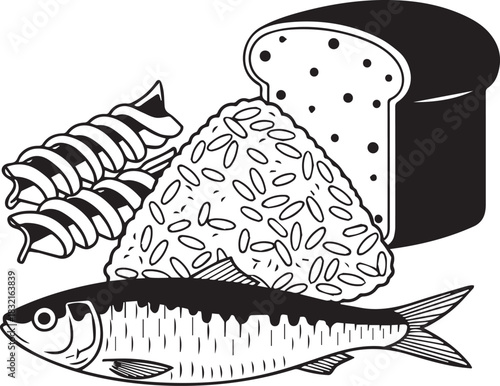 Black and white illustration of a fish pasta rice and bread