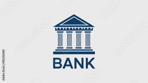 Bank building, vector icon of classical  dark blue, triangular pediment, four columns, bold 'BANK' text, flat, clean lines, professional fintech illustration.