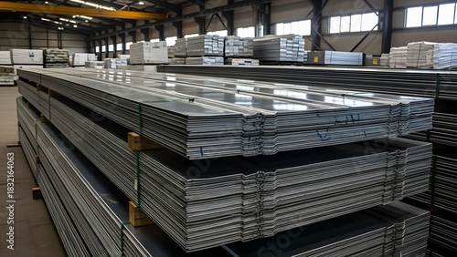 Stacks of metal sheets in warehouse ready for industrial use and construction projects and manufacturing