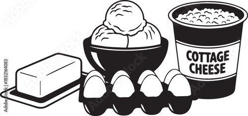 Illustration of butter eggs and cottage cheese on a white background